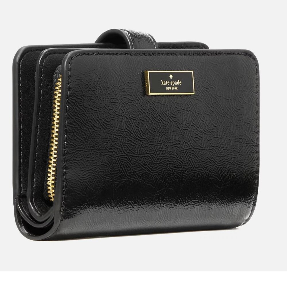 New Kate Spade Bridget Crinkle Patent Medium Compact Bifold Wallet Black